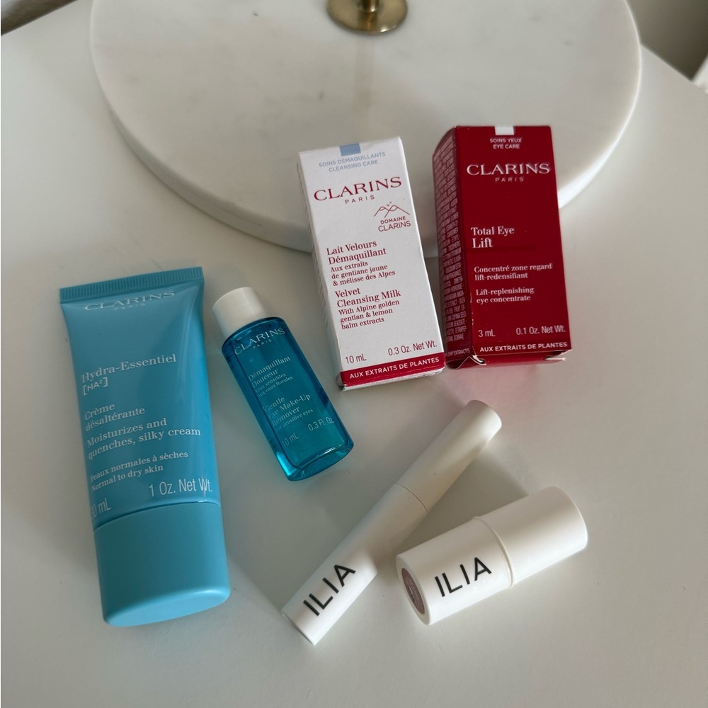 NWT Set: ILIA mascara, blush; Clarins cream, total eye lift, cleansing milk
